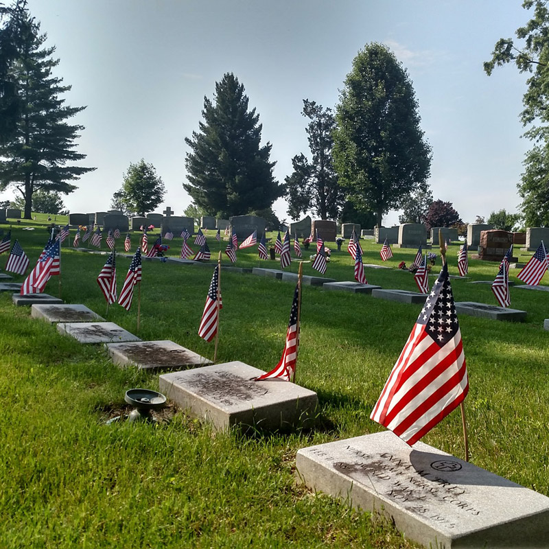 cemetery with graves decorated with american flags